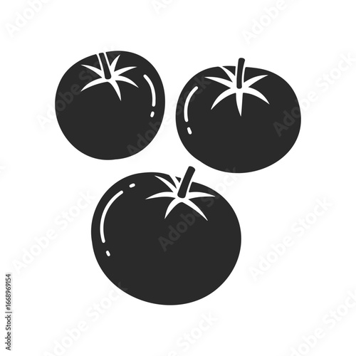Black and white tomato illustration with three tomatoes on white background