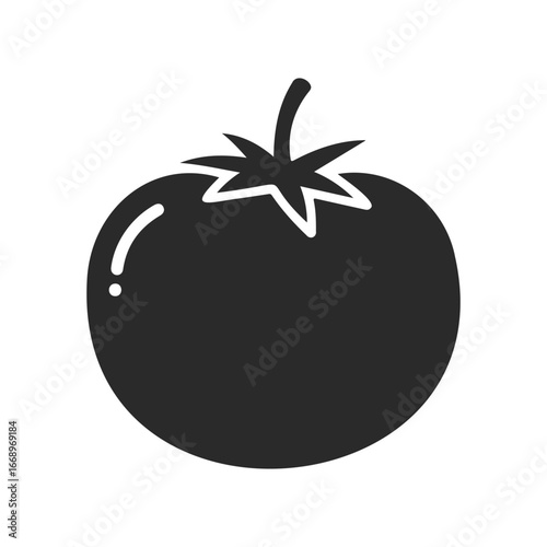 Black silhouette of tomato with stem on white background