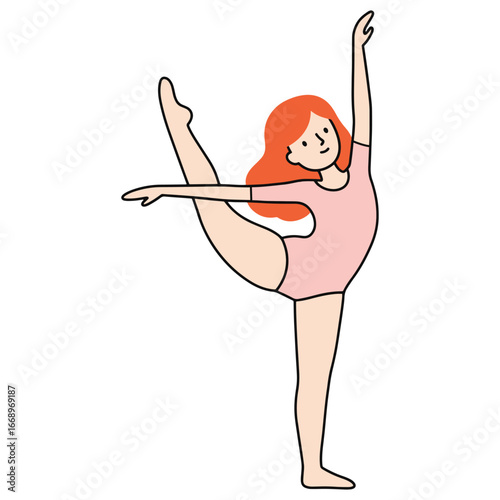 Ballet dancer gracefully balancing, reaching, stretching in studio