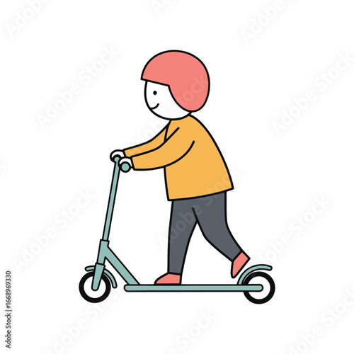 Child with helmet riding a scooter, ready for adventure and fun
