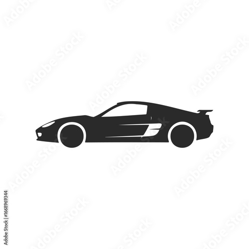 Sporty black silhouette of a sleek coupe car on white background