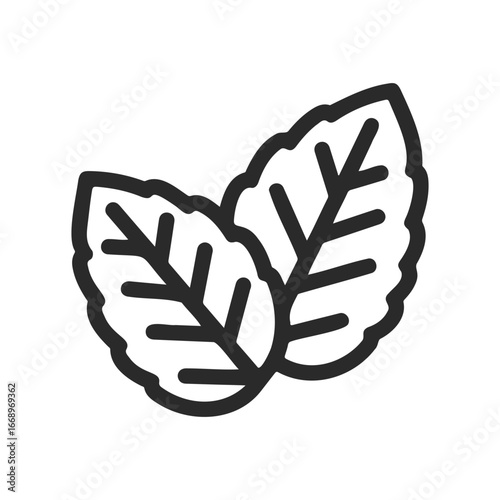 Minimalist icon of two overlapping mint leaves in black outline