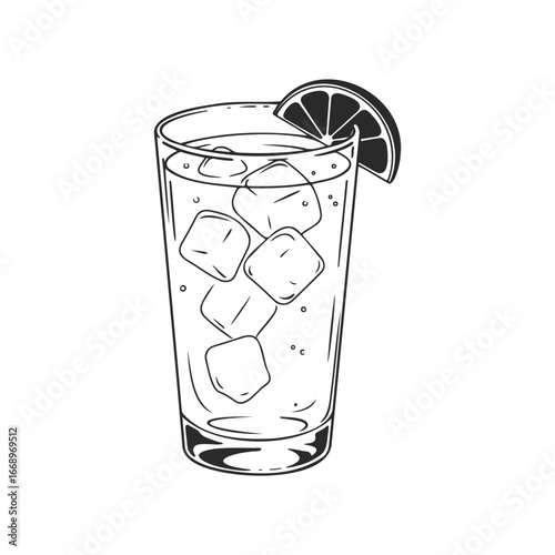 Refreshing iced drink with lemon slice and ice cubes in tall glass sketch