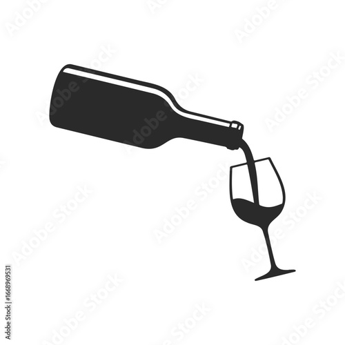 Silhouette of wine bottle pouring into glass on white background