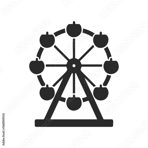 Silhouette of a ferris wheel with apple-shaped gondolas on white background