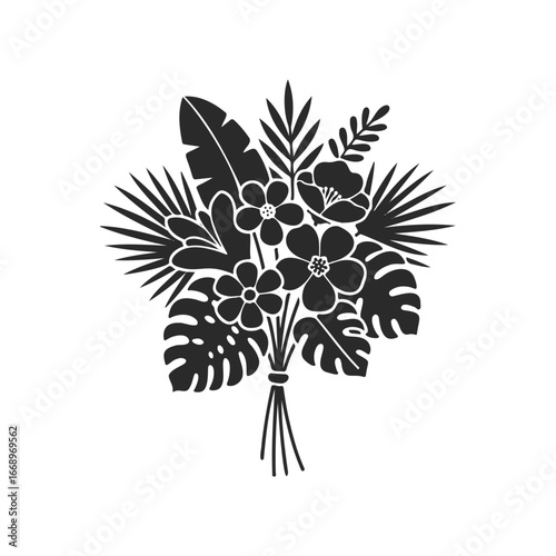 Monochrome floral bouquet with tropical leaves and flowers on white background