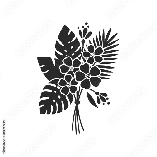 Monochrome vector bouquet of tropical leaves and flowers