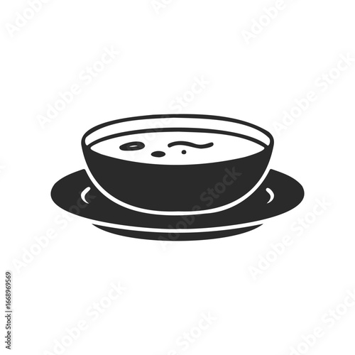 Black and white line art of soup bowl on plate - minimalist design