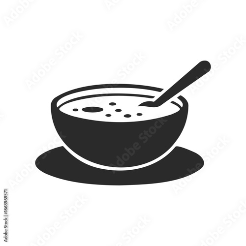 Simple black and white icon of a bowl of soup with spoon