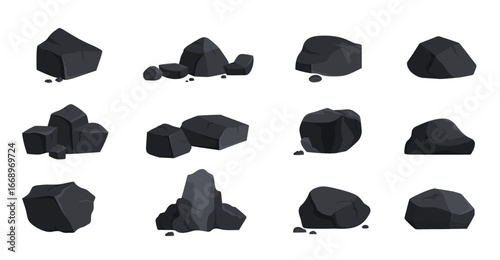 Coal set vector illustration. Cartoon isolated single stones, pieces of angular structure and texture, pile of charcoal rocks for energy and fuel production, bunch of natural coal fossil from mine