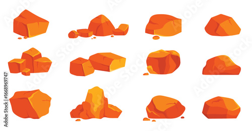Red burning metal or coal set vector illustration. Cartoon isolated hot coal briquette, fossil embers, glowing charcoal rock piles and lumps, stones burn for grill in oven and barbecue, wood bonfire
