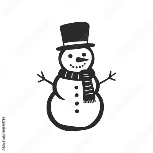 Classic snowman with scarf and top hat on white background