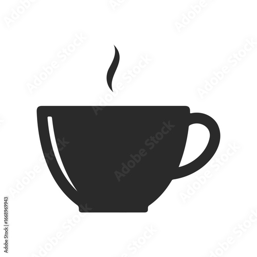 Silhouette of a steaming coffee cup icon in black and white