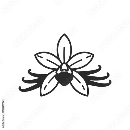 Black and white vanilla flower design with simple line art