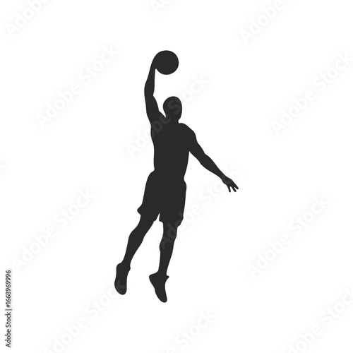 Silhouette of male basketball player dunking in mid-air against white background