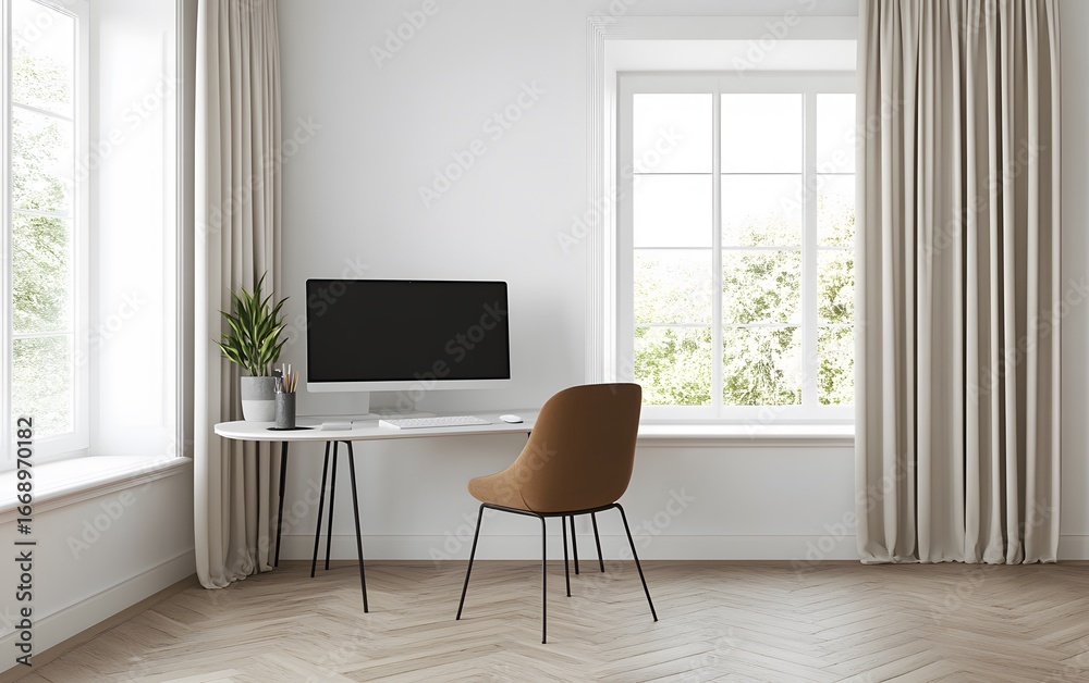 Fototapeta premium Modern Home Office Workspace with Computer and Brown Chair near Window