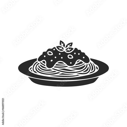 Monochrome spaghetti with tomato sauce and basil illustration on plate