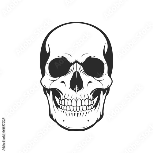 Detailed black and white skull illustration on white background