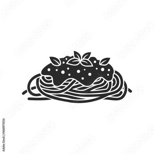Monochrome italian spaghetti with tomato sauce and basil leaves illustration