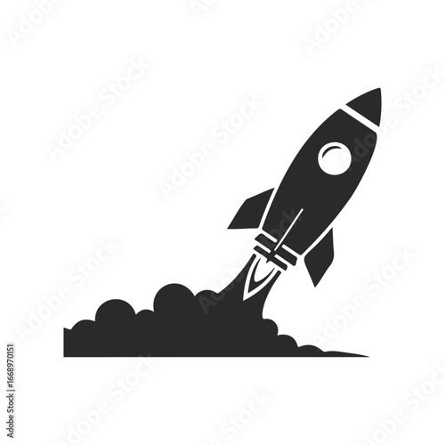 Black rocket silhouette launching with smoke trail on white background