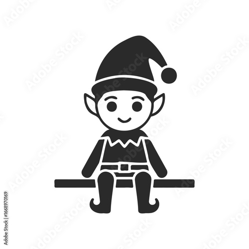 Cartoon christmas elf sitting on shelf silhouette vector art