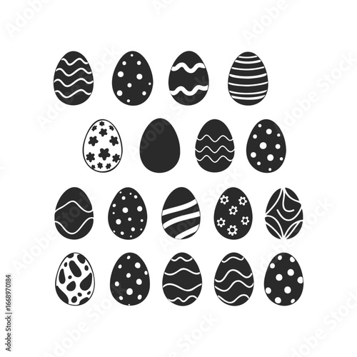 Black and white easter egg patterns set on white background