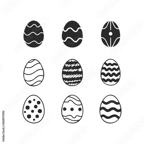 Set of nine decorative black and white easter egg patterns on white background