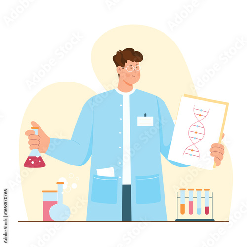 Laboratory research in science, biology and genetics vector illustration. Cartoon scientist holding flask with chemical liquid and clipboard with DNA helix for lab experiment, biochemical analysis