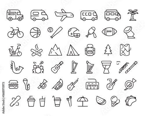 Set of outline icons related to musical instruments. Linear icon collection