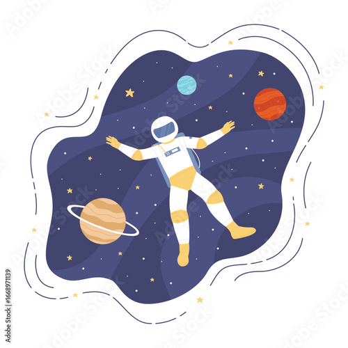 Astronaut floating in space without gravity vector illustration. Cartoon lost spaceman in helmet and spacesuit flying to discovery space, unusual mission and journey of cosmonaut in solar system