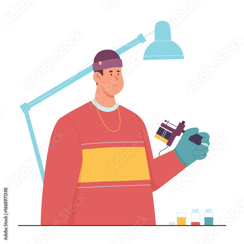 Tattoo master with machine in hand vector illustration. Cartoon man holding ink gun equipment with needle for making fashion art drawing on skin, creative work of tattooist in professional studio