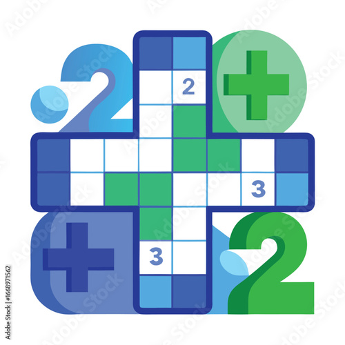 Plus Sign Shaped Crossword Puzzle With Numbers And Geometric Shapes grid