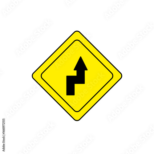 Yellow diamond-shaped traffic sign indicating a reverse turn to the right ahead. Used to alert drivers of a sharp and sudden double curve or bend in the road