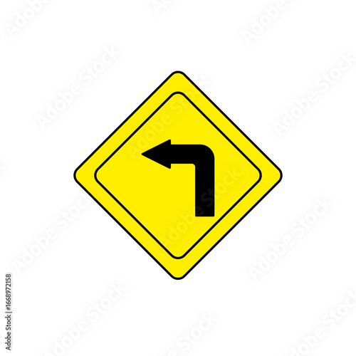 Flat vector traffic sign icons in yellow diamond shape including left turn arrow and down arrow. Minimalist road safety and transportation symbol set