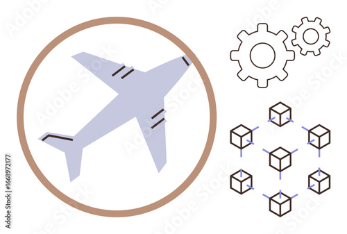 Airplane in circle alongside gears and networked cubes. Ideal for transportation, logistics, innovation, technology, industry, connectivity, efficiency. A simple flat metaphor