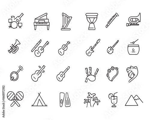 Set of outline icons related to musical instruments. Linear icon collection