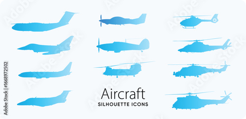 Modern Aircraft Silhouette Icon Set. Vector Collection of Airplane, Jet, Helicopter, Drone, Military, Commercial, Transport, Cargo, Experimental Aviation Shapes, Flight, Travel, Technology. Simulator
