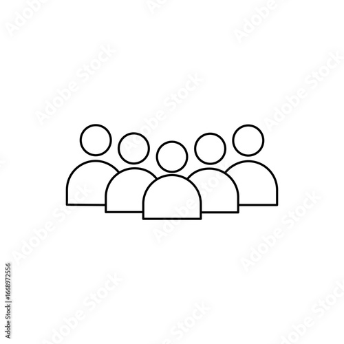 Simple black line art icon representing a group of people or community. Useful for business, social media, teams, user accounts, or communication-related platforms. Clean, modern design on white backg