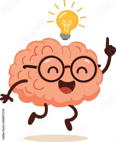 Cute human brain jump, happy brain in glasses with a lightbulb