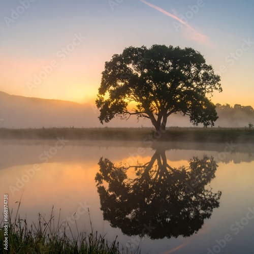 Sunrise over a misty river with a lone tree