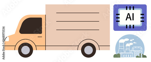 Beige delivery truck beside AI microchip and factory illustration. Ideal for logistics, automation, AI, industrial growth, innovation, technology, transport. A simple flat metaphor