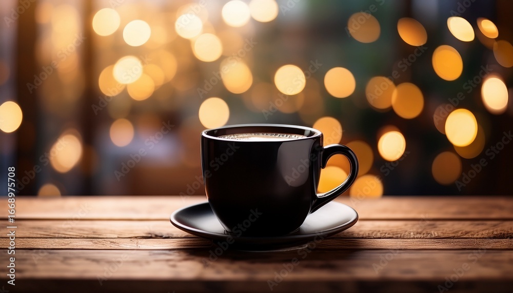 Obraz premium a cozy coffee scene with a black cup resting on a wooden table blurred bokeh lights in the background