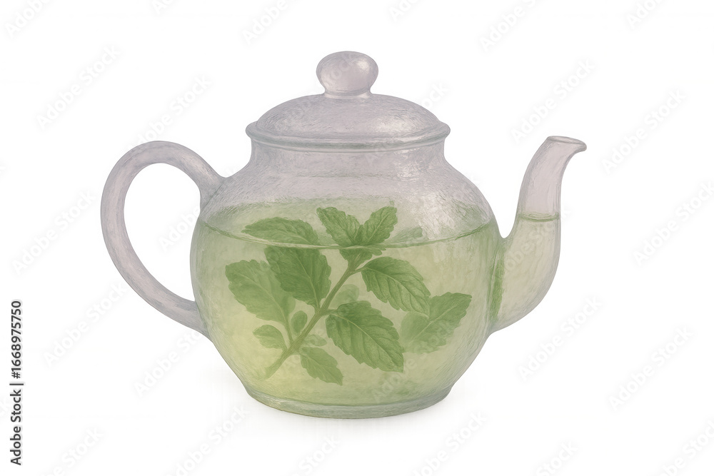 Fototapeta premium Glass teapot steeping vibrant mint leaves, releasing aromatic herbal essence against translucent backdrop