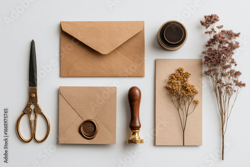 Crafting a letter with vintage materials and floral accents on a clean workspace