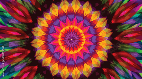 Fiery Floral Kaleidoscope with Vibrant Red Orange Yellow and Purple Hues pattern colorful.