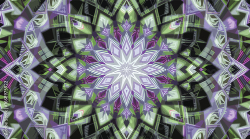Green and Purple Geometric Kaleidoscope with Crystalline Structure abstract.