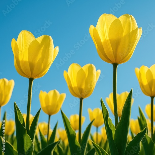 Vibrant yellow tulips under clear blue sky in sunlit spring field