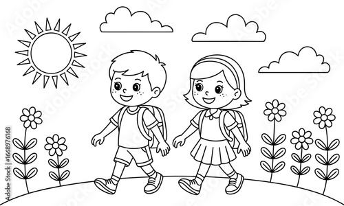Black and white vector coloring page of a boy and girl going to school with backpacks