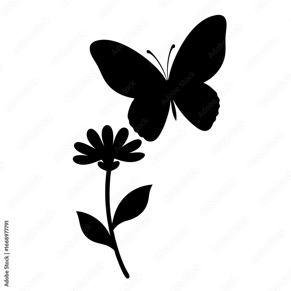 Obraz premium Silhouette of a butterfly flying over a flower, vector illustration nature