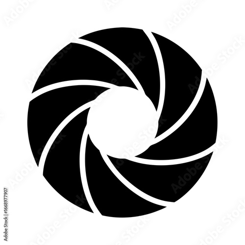Black and white symmetrical iris aperture or lens diaphragm symbol icon